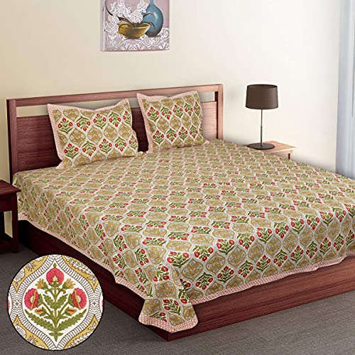 Image of 300 TC 100% Cotton Bedsheet for Double Bed King Size with 2 Pillow Covers | Breathable & Super Soft Rajasthani Sanganeri Jaipuri Printed Bed Sheet - 90 * 108 Inches (Damask Brown)