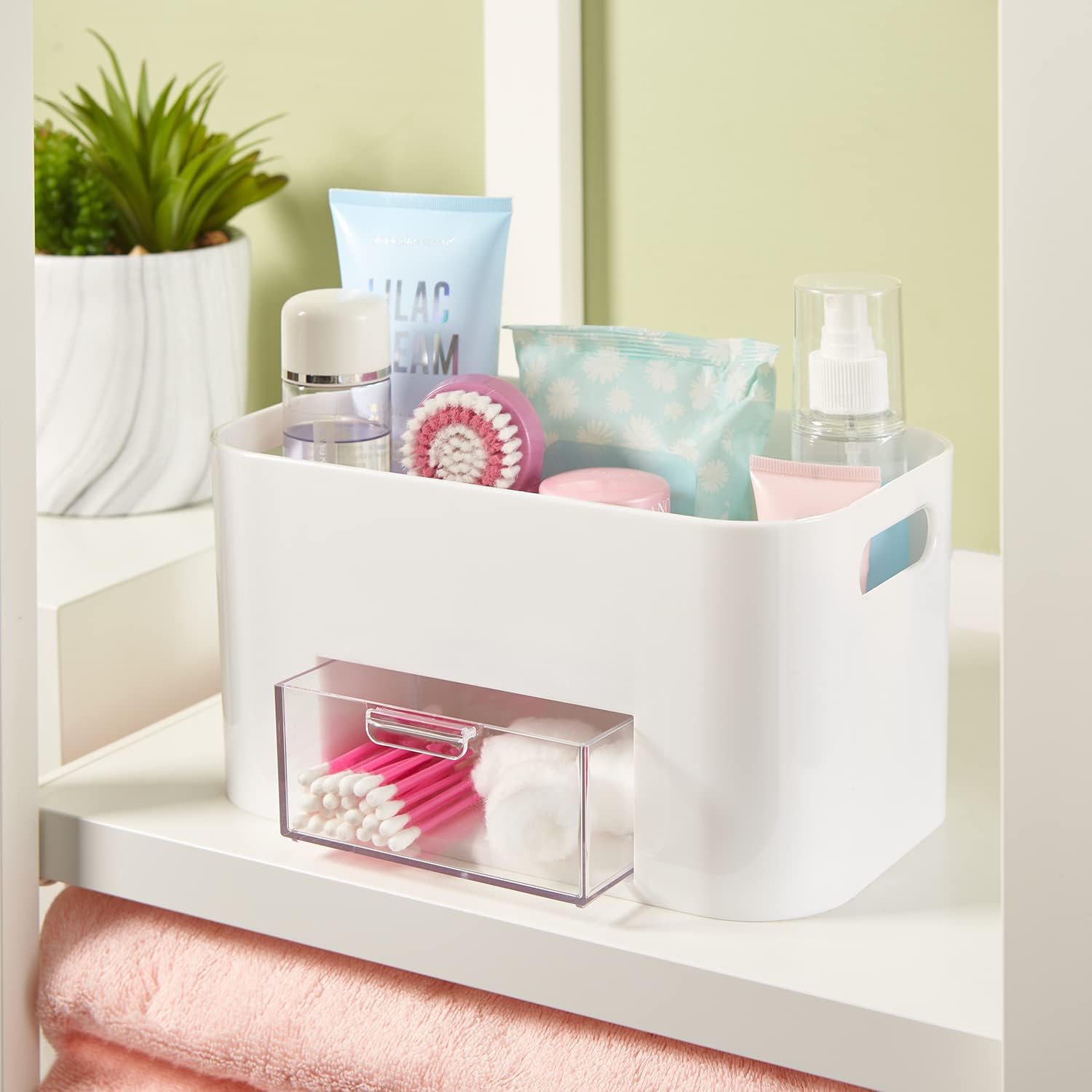STORi Bliss 4-Compartment Plastic Vanity Organizer with Small Accessory Drawer in Cloud White | Rectangular Makeup, Skincare, & Cosmetic Storage Bin with Pass-Through Handles | Made in USA