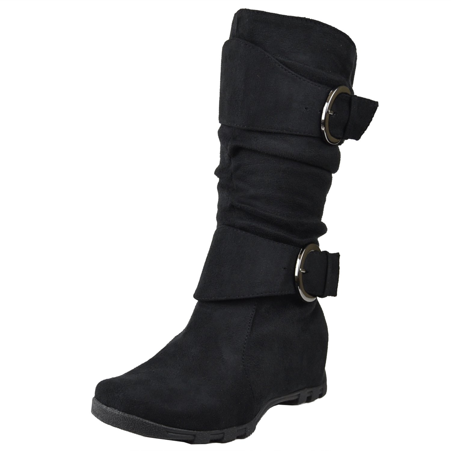 Kids Mid Calf Boots Loose Ruched Buckles Side Zipper Closure Black
