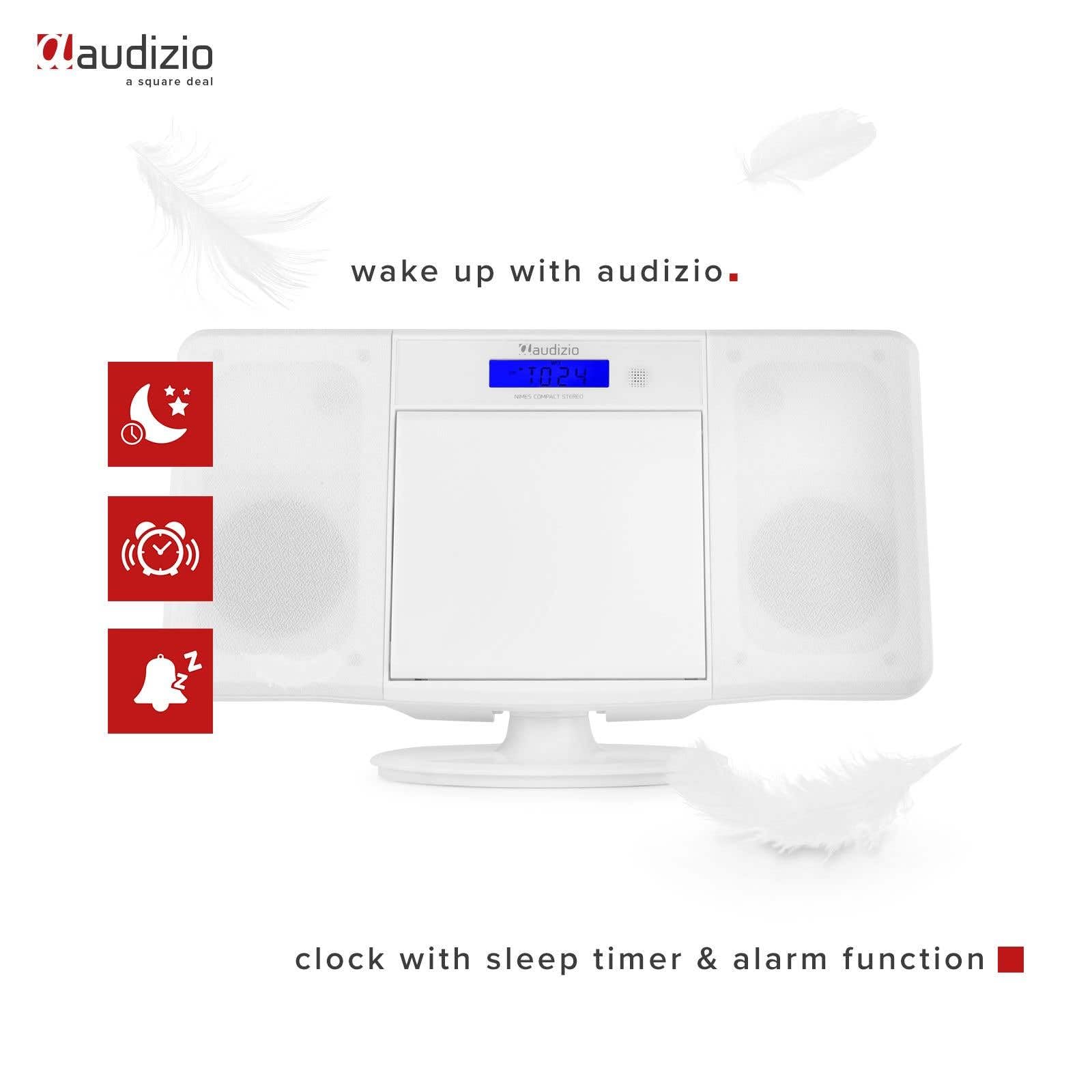 Audizio Nimes Home Sistema estéreo HiFi con Bluetooth, Reproductor de CD, MP3 USB, sintonizador de Radio FM, Incluye Mando a Distancia, X-Bass, Conexion de Auriculares - Blanco