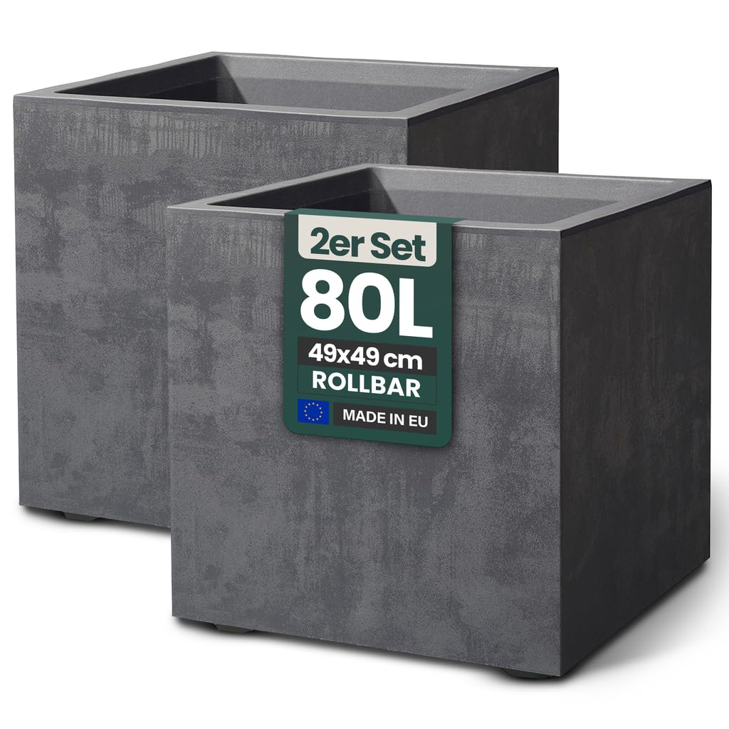 Kreher 2 x XL Pflanzkübel 'Millennium' in verschiedenen Formaten/Farben. Tolle Naturstein Optik in Anthrazit, Grau, Creme Weiß oder Braun! Aus robustem Kunststoff. (Anthrazit, 2 x 80 Liter Eckig)