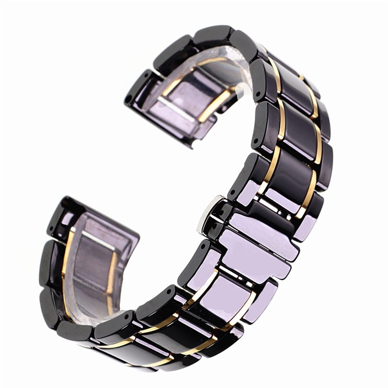 MSEURO 24mm Universal Ceramic Strap White Black Rose Gold Men's and Women's Strap Bracelet Strap Leather Watch Band (Color : Black and Gold, Size : 24mm)
