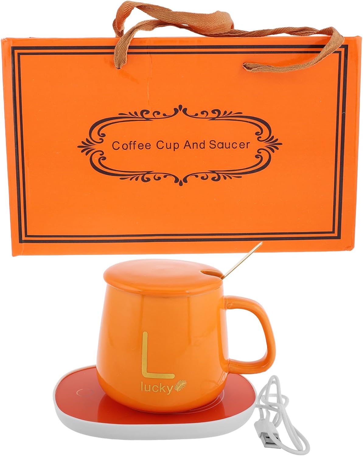 Electric Cup Warmer with Mug Set USB 5v Electric Mug Warmer for Coffee and Tea with Lid and Spoon Automatic Temperature Control for Office and Home Use