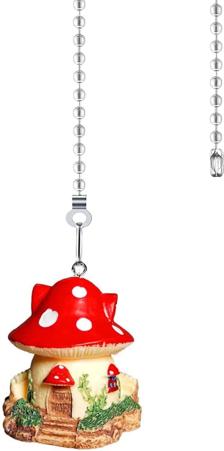 Ceiling Fan Pull Chain Extender- 12 Inch Decorative Mushroom House Fan Pull Chain Extension with Connector, Ideal as Pull Chains for Ceiling Fans and Lights (Red)