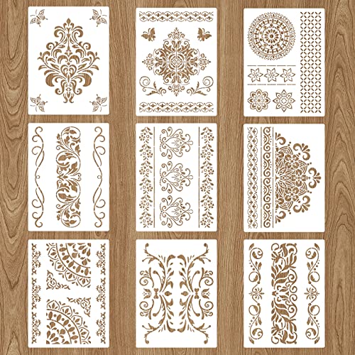 9 Pieces (8.3 x 11 Inch) Mandala Stencils, Reusable Stencils for DIY Painting on Wood, Wall, Floor, Tile Fabric, Furniture Stencils Painting Template