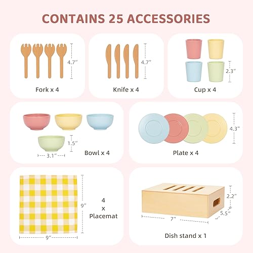Miniatura 2 de OOOK Juego de platos y platos de madera para niños, 25 piezas de accesorios de cocina de madera, juego de ollas y sartenes Montessori para niños de
