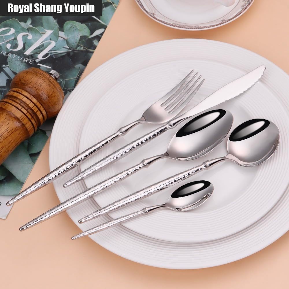 Manico Solido Martellato/lucido Cucina Acciaio Inossidabile Posate Stoviglie Posate Coltelli Forchette Cucchiai Set Cucchiaio E Forchetta Da Dessert Da Cucina (Manico a forma di martello,20 pezzi)