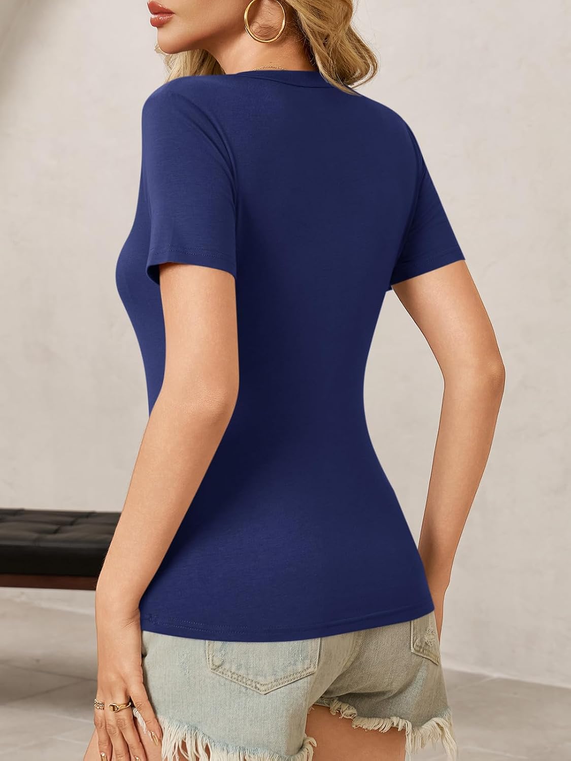 Womens Summer Sexy Short Sleeve Tshirt Tops Deep V Neck Shirts Casual Slim Fit Basic T-Shirt Tee - Image 5