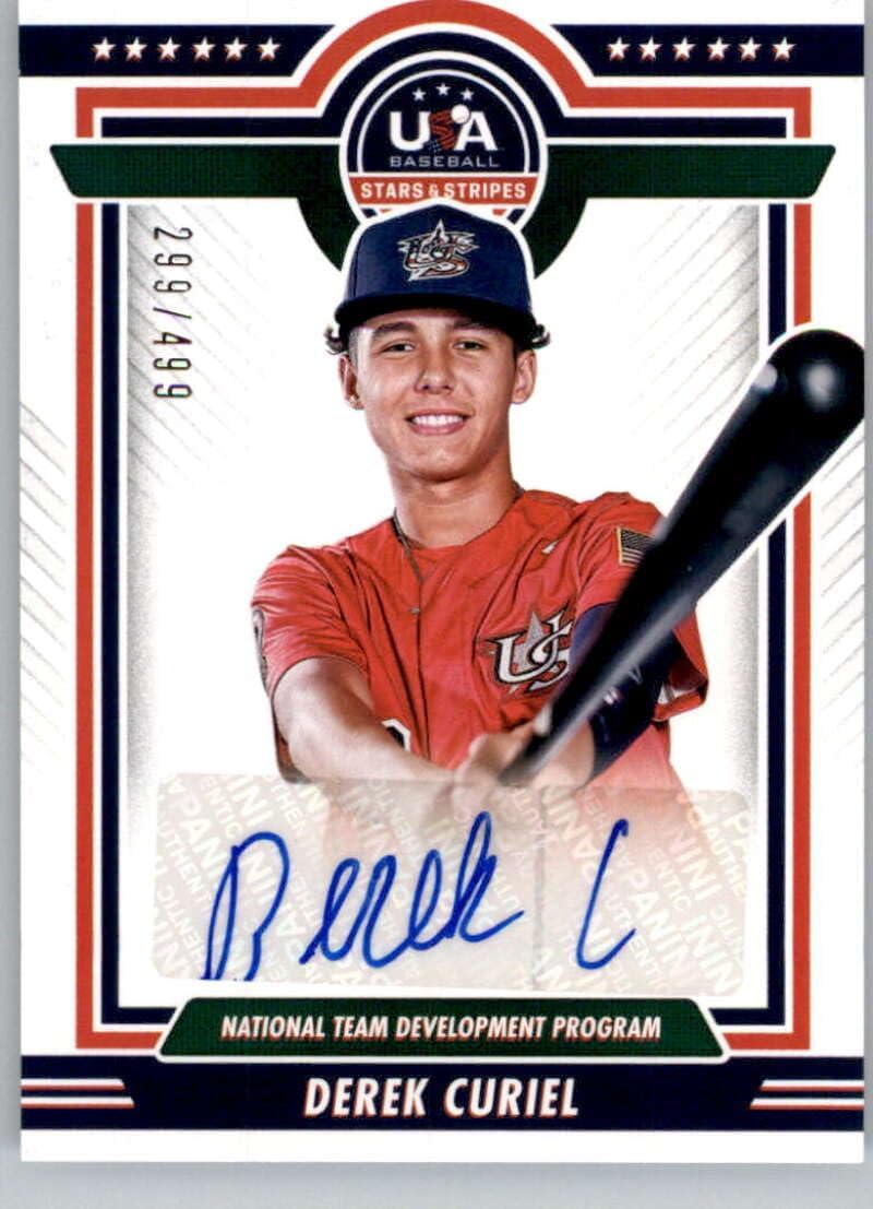 2022 Panini Stars and Stripes Blue Ink National Team Development Program Signatures #10 Derek Curiel Auto Autograph SER/499 National Team Development Program Official USA Baseball Trading Card in Raw (NM or Better) Condition