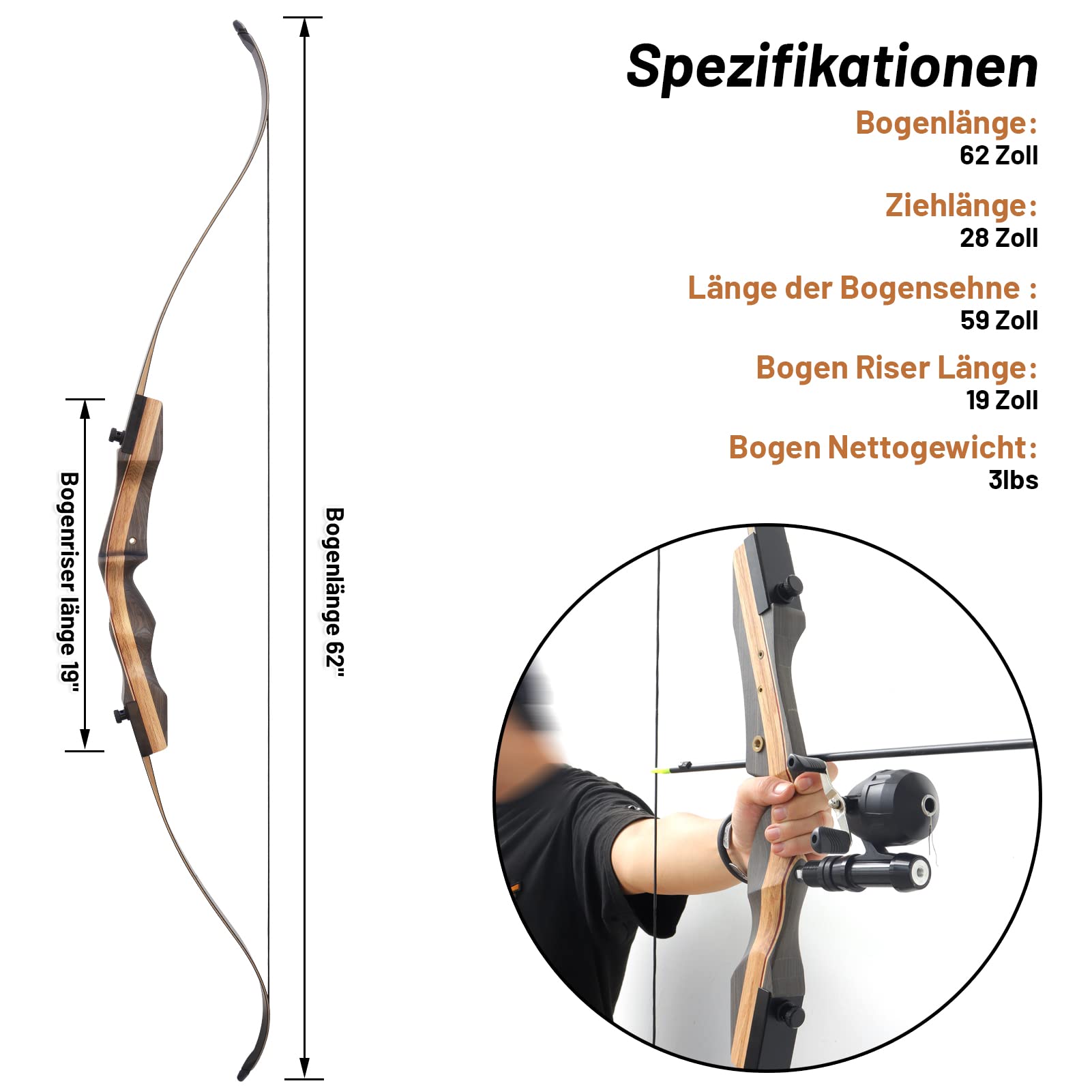 62 Zoll Profi Jagd Angeln Recurve Bogen Set 20-50lbs Rechte Hand Takedown Bogenfischen Bogen Mit Angelrolle Für Erwachsene Sportbogen