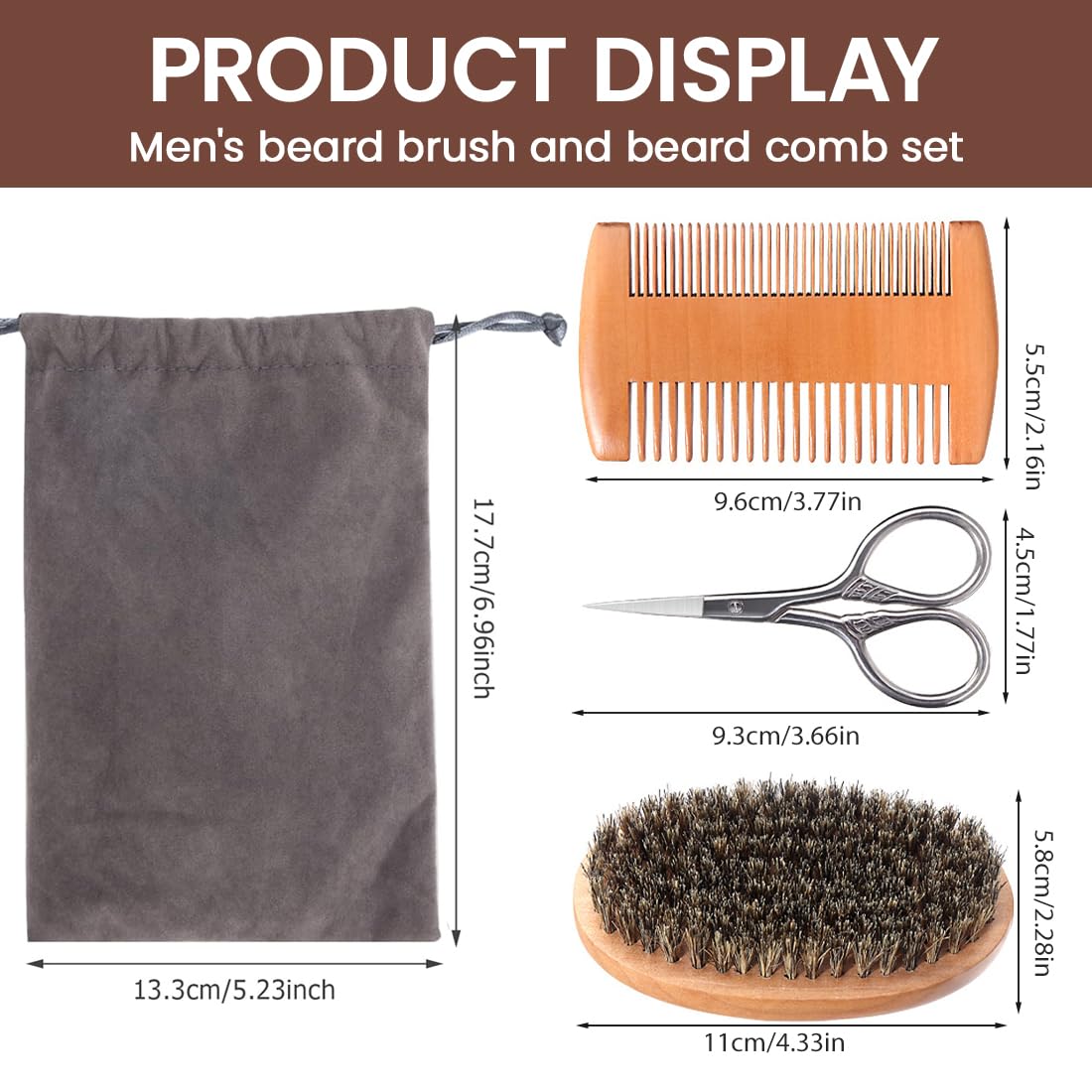 4 Pezzi Set di Accessori per Barba:Spazzola Barba,Pettine di legno Massiccio,Forbici + Sacchetto di Stoffa,Adatto all'Aperto,Viaggi, Regali per Uomini