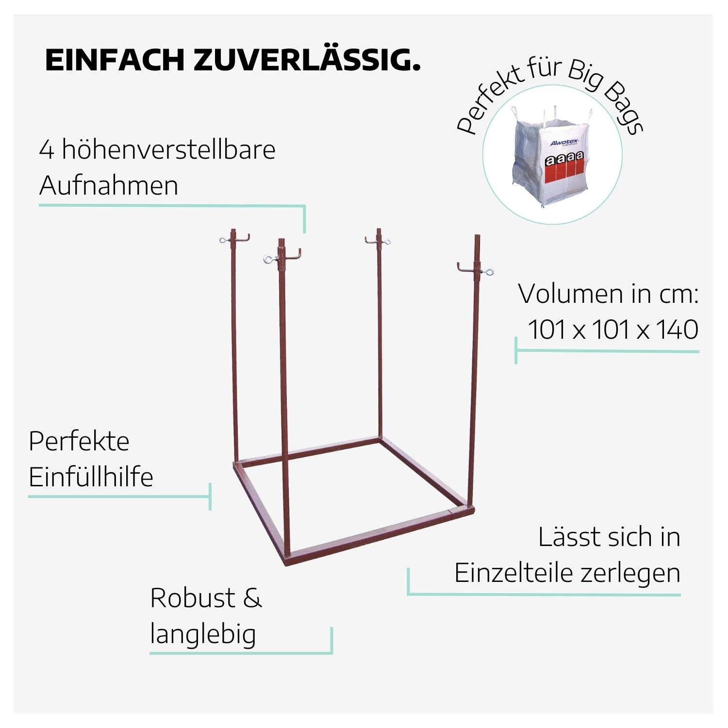 Big Bag Halter 101 x 101 x 140 cm I Einfüllhilfe für Säcke I Metall-Gestell für Asbest I Verschiebbare Aufnahmen & Platzsparender Transport I Baustellen-Zubehör