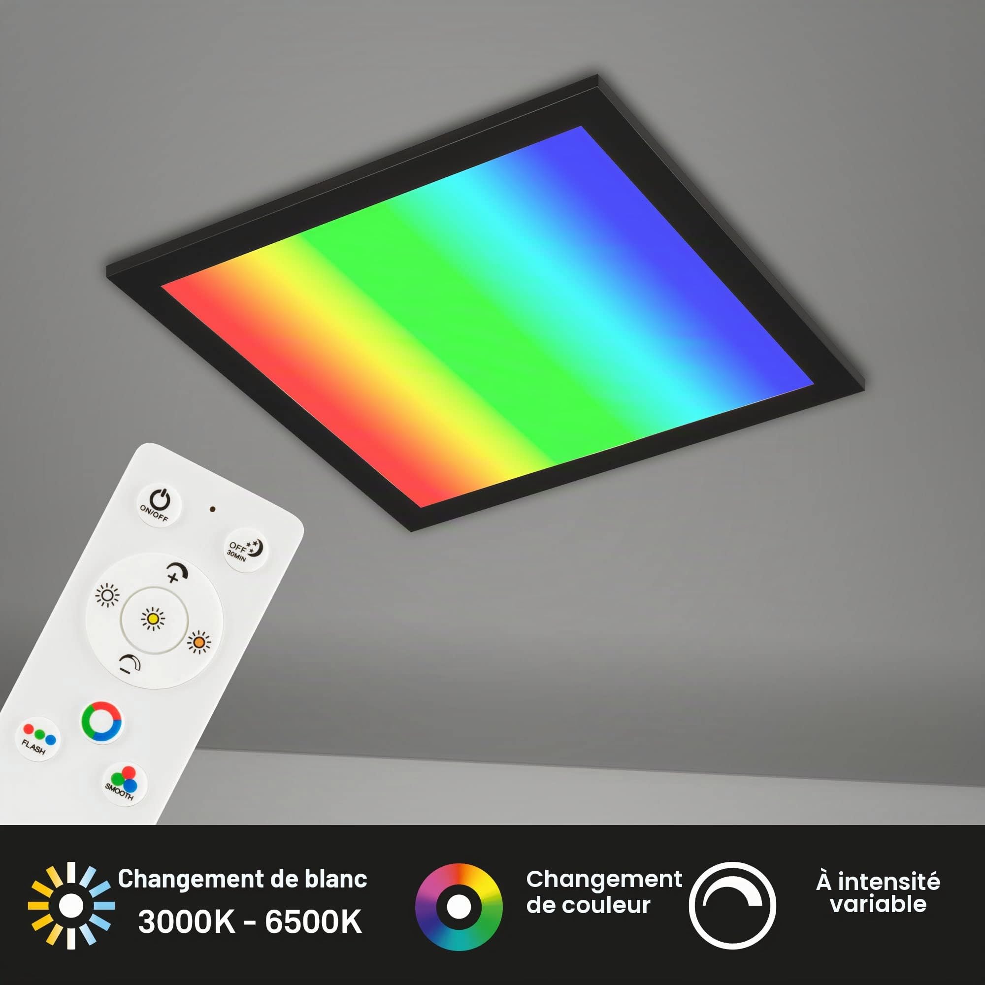 BRILONER - Plafonnier ultraplat RGB, Plafonnier CCT, Panneau LED, Température de couleur réglable, Changement de couleur, Dimmable, Télécommande, Noir