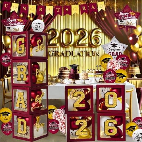 Graduation Decorations Class of 2026 - Maroon and Gold Graduation Decorations - Balloons Boxes with Letters 2026 GRAD So Proud of You Congrats Grad Party Decorations for Any Grades