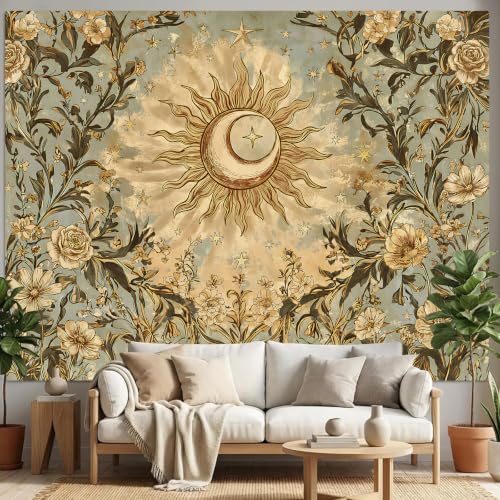Leeisysme Vintage Boho Sun and Moon Tapestry, Aesthetic Floral Botanical Celestial...