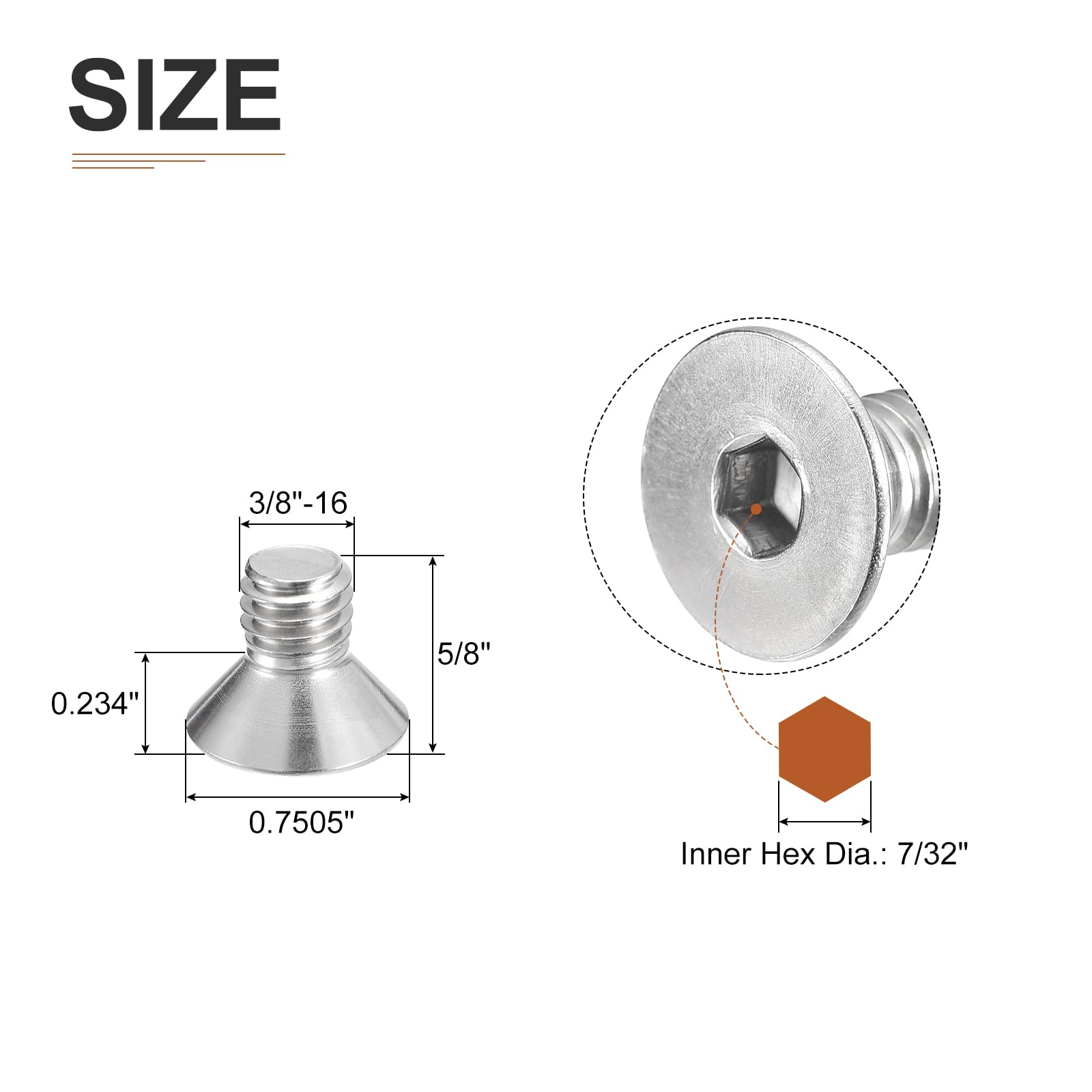 DTGN 3/8-16 x 5/8" Flat Head Socket Cap Screws, 10 Pack 304 Stainless Steel Hex Socket Flat Head Screws, Full Thread, Countersunk Bolts - Image 2