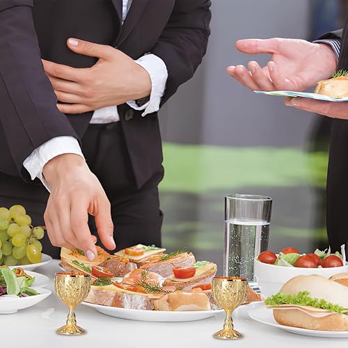 Miniatura 6 de Mini cáliz de copa de latón, 1.7 x 2.7 pulgadas, taza de vino de metal medieval vintage para boda, whisky, eventos reales, en relieve, dorado,