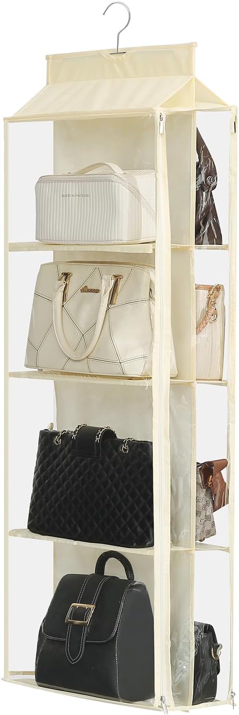 8 Grids in 1 Pack Hanging Purse Handbag Organizer with Double Zippers, Visible Purse Organizer for Closet, Fully Enclosed Purse Storage Holder-Beige