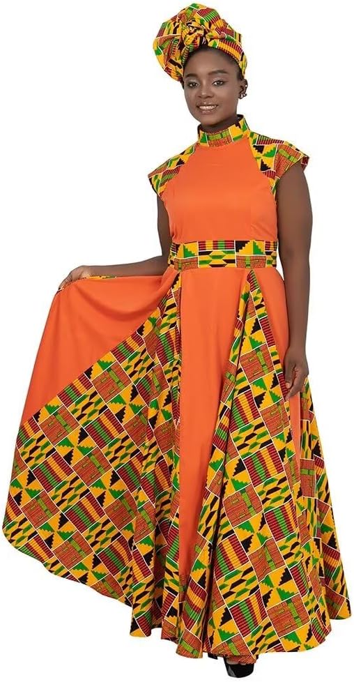 ABCWAX African Dresses for Women Long Skirt Traditional Ankara Kente Print Casual with Scarf - Image 2