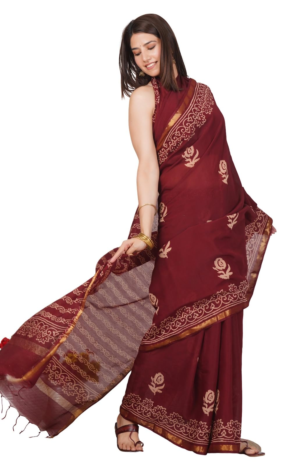 Women’s Chanderi Saree with Tussar Silk | Maroon Hand Block Floral Printed C M R 068 | Natural Dye | Golden Border | 6.5 Meter with Blouse Piece-image-23