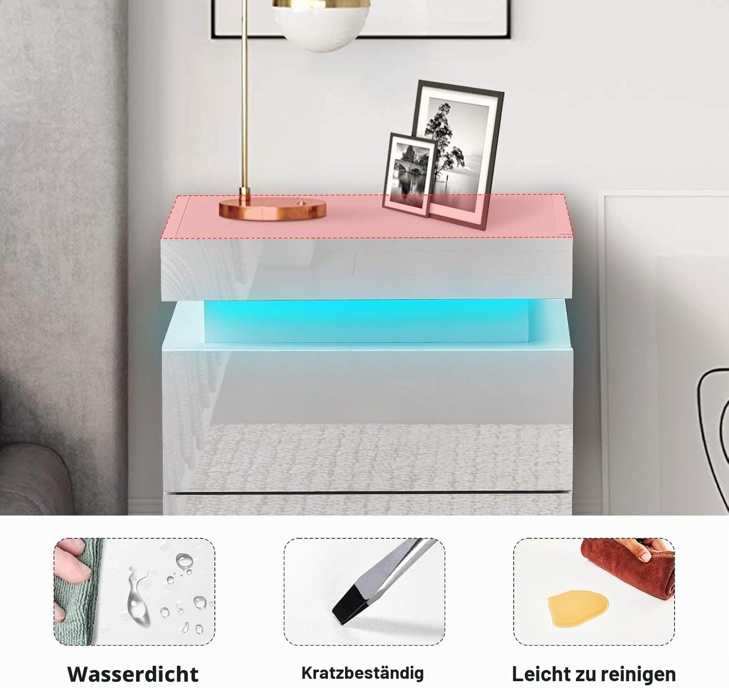 CLIPOP Moderner Nachttisch Hochglanzfront Kommode mit 3 Schubladen mit LED-Lichtern, 3 Schubladen Schrank Nachttisch für Wohnzimmer Schlafzimmer Möbel,Verstecktem Stauraum (Weiß)