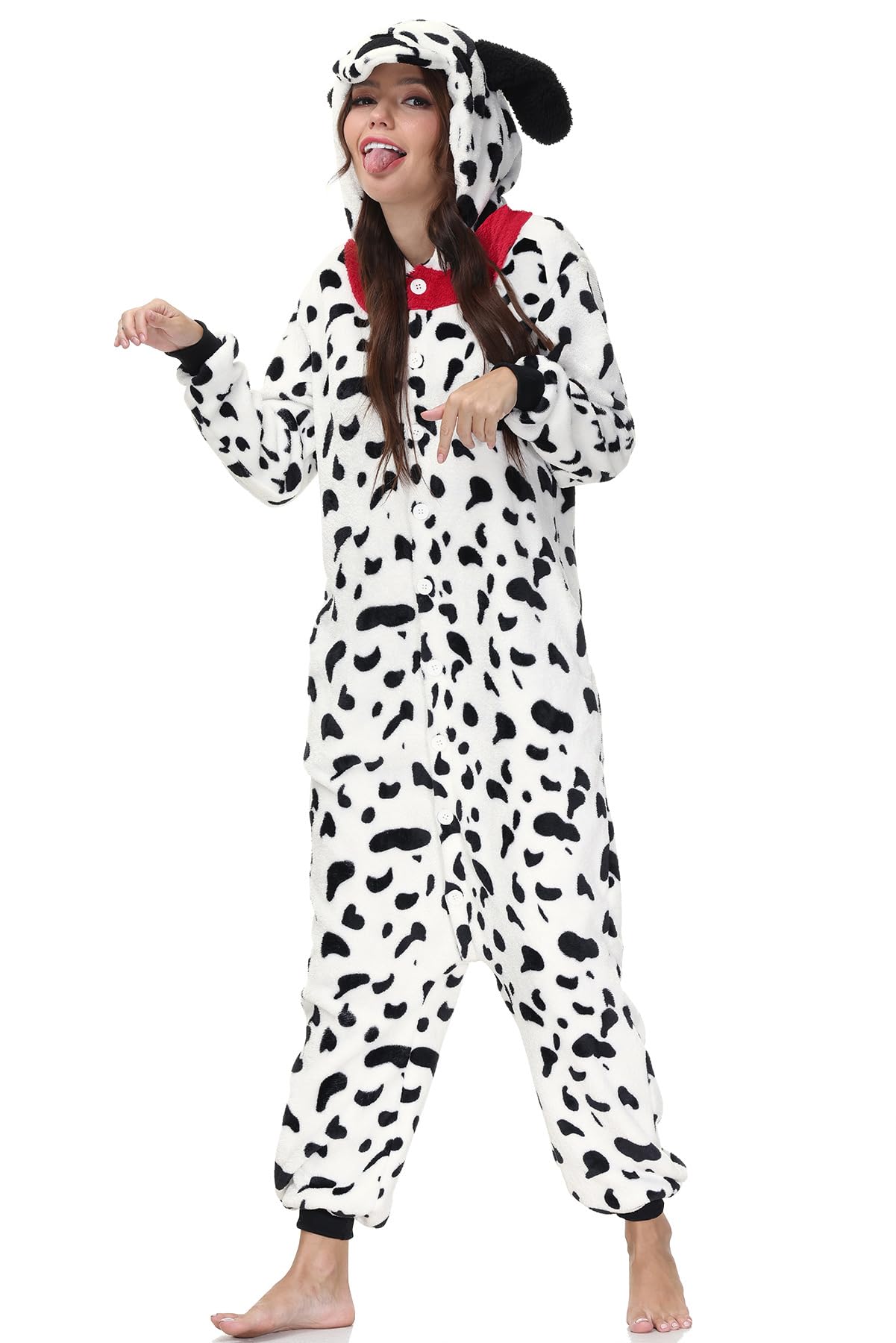 Clarisbelle Ropa de fiesta para mujer, Halloween, adultos, animales dálmatas, pijamas enteros de felpa de franela con cremallera, talla XL, Dálmata