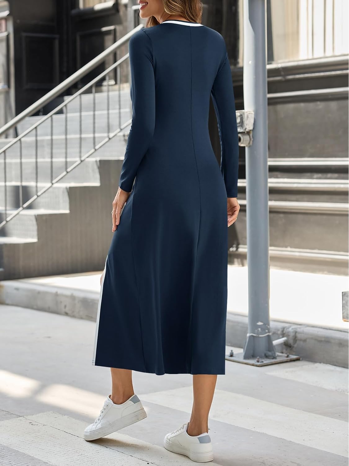Wenrine Womens Long Sleeve Midi Dress 2025 Casual Fall Crewneck High Slit A Line Contrast Loose Maxi Dresses - Image 5