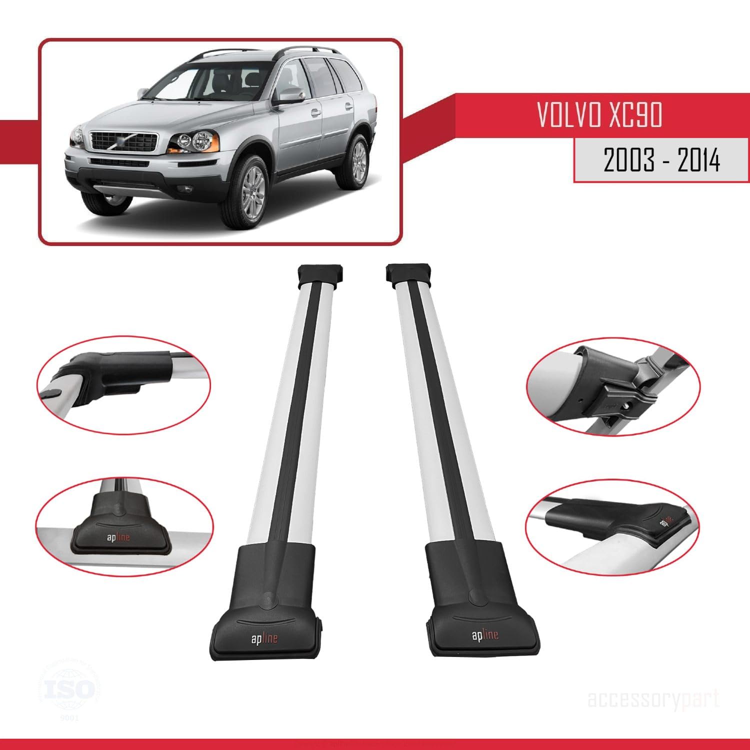 Compatible con Volvo XC90 2003-2014 Fly Model Barras de Techo Auto Portaequipajes Barras Transversales Gris Aluminio 2 Barras