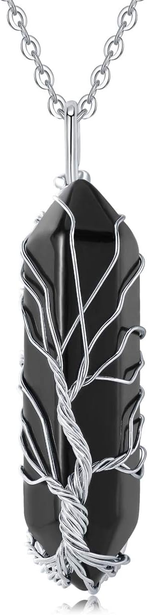 XIANNVXI Tree of Life Wire Wrapped Crystal Point Pendant Necklace Reiki Healing Crystal Stone Black Agate Necklaces Natural Hexagonal Gemstone Quartz Jewelry for Women