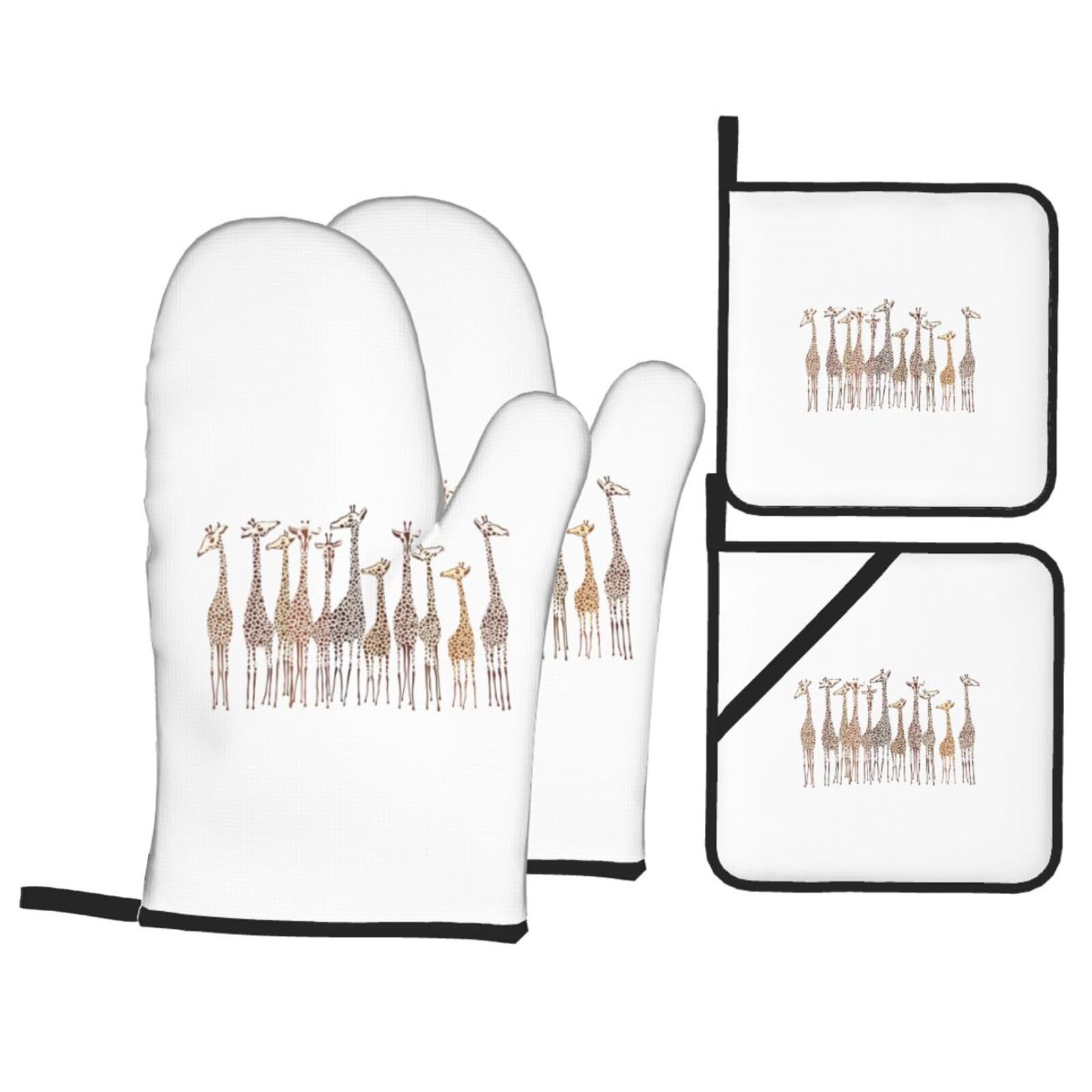 Cute Cartoon Funny Giraffes Print 4-Piece Oven Microwaving Set Waterproof Kitchen Gloves for Baking Grilling Cooking