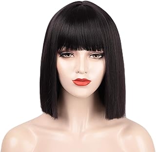 Black Bob Wig with Bangs, Short Black Wig for Women Straight Bob Wigs Heat Resistant Synthetic wig Mia Wallace Cleopatra Cospaly Daily Party Use 12” - Buy now