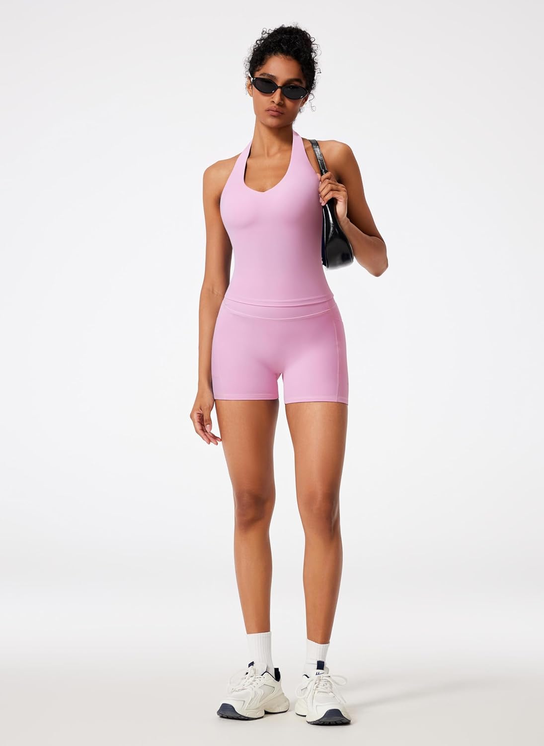 RXRXCOCO Halter Workout Sets for Women 2 Piece V Neck Tank Tops Hidden Scrunch Booty Shorts Gym Outfits with Pockets - Image 6