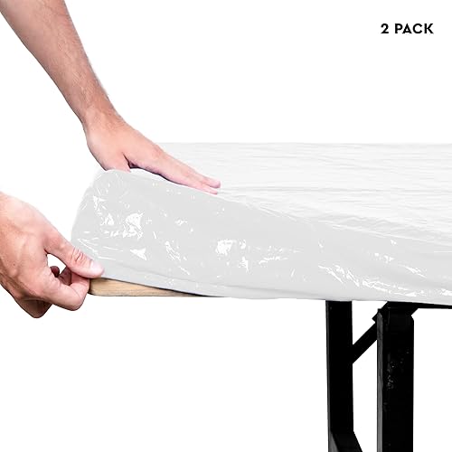 Miniatura 7 de LINPRO Paquete de 2 manteles de plástico, manteles desechables de 6 pies para fiestas y mesas plegables, impermeables, para exteriores, campamento,