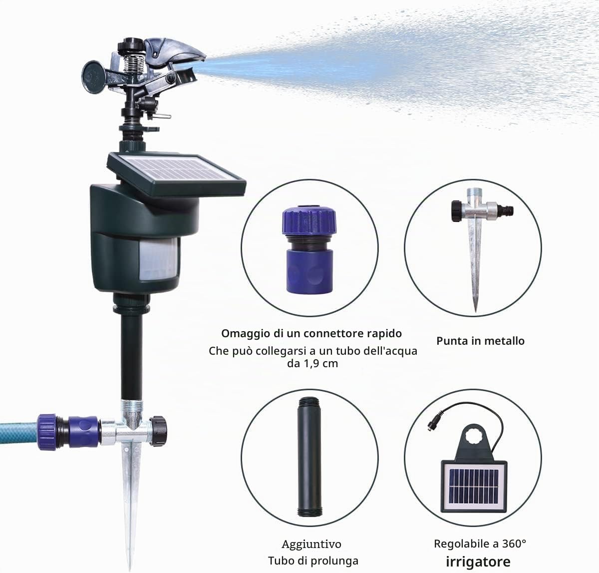 Irrigatore attivato dal movimento con pannello solare, irroratore ad acqua con sensore di movimento, repellente per animali con sensore di movimento per gatti, piccioni, cani