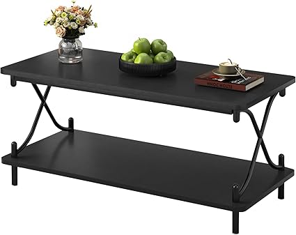 VECELO 39-Inch Coffee Table with Storage and Open Shelves for Living Dining Room, Modern Rectangle & Industrial Design, X-Shape Frame, Black