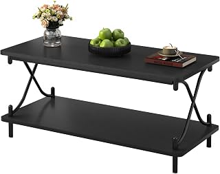 VECELO 39-Inch Coffee Table with Storage and Open Shelves for Living Dining Room, Modern Rectangle & Industrial Design, X-Shape Frame, Black