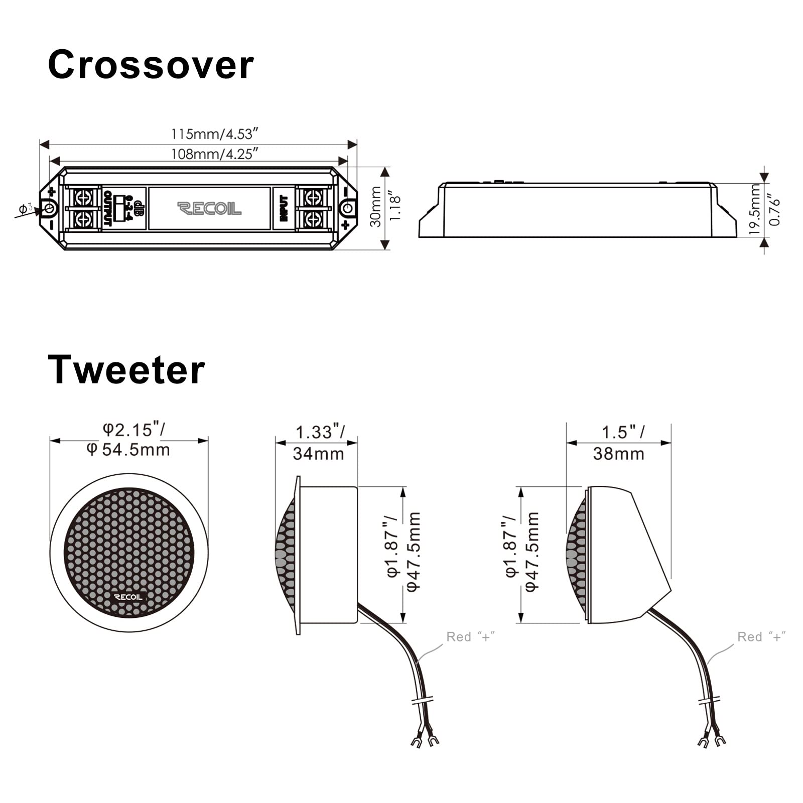 RECOIL RET1 Tweeter Voiture Dôme Soie Néodyme 2,5cm Crossover 3 Niveaux | 100W Max, 50W RMS, 92dB, Montage Surface/Angle/Encastré – Paire