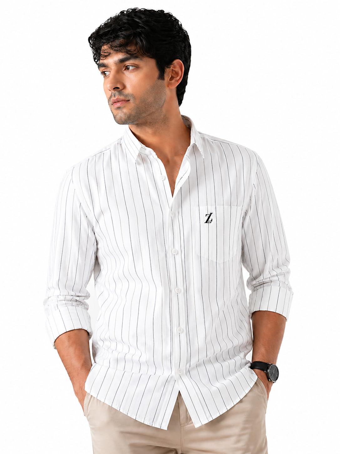  日本代表 ストライプシャツ ホワイト zuiotic lifestyle Men's White Striped Cotton Shirt, Regular Fit