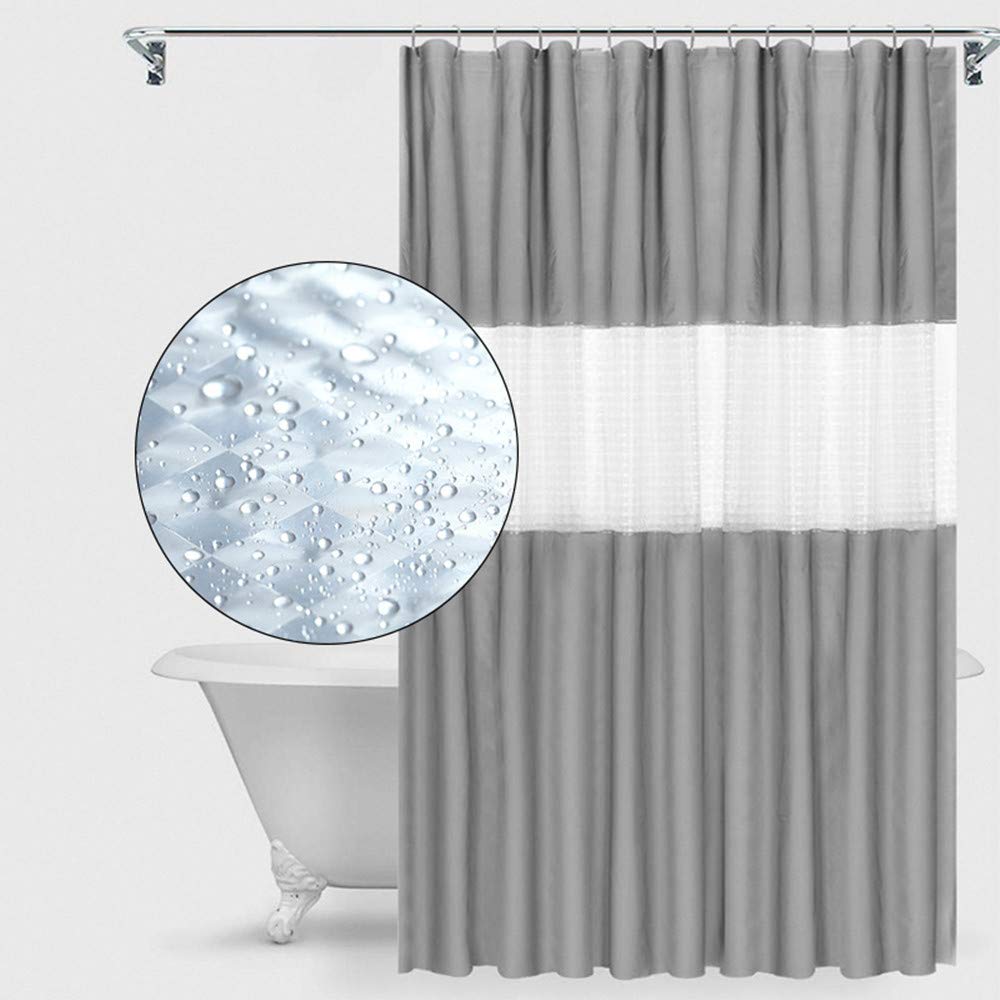 QiYOU Tenda da doccia impermeabile in PEVA antimuffa, effetto 3D, design metà trasparente, con ganci, 180 x 200 cm