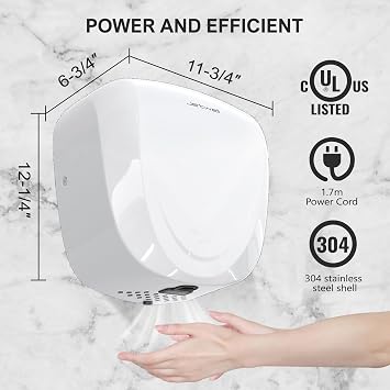 JETWELL UL Approved High Speed Hand Dryer and Wall Mount Automatic Hand Soap Dispenser, White Stainless Steel HEPA Filter Commercial Hand Blower and White ABS Hand Soap Dispenser