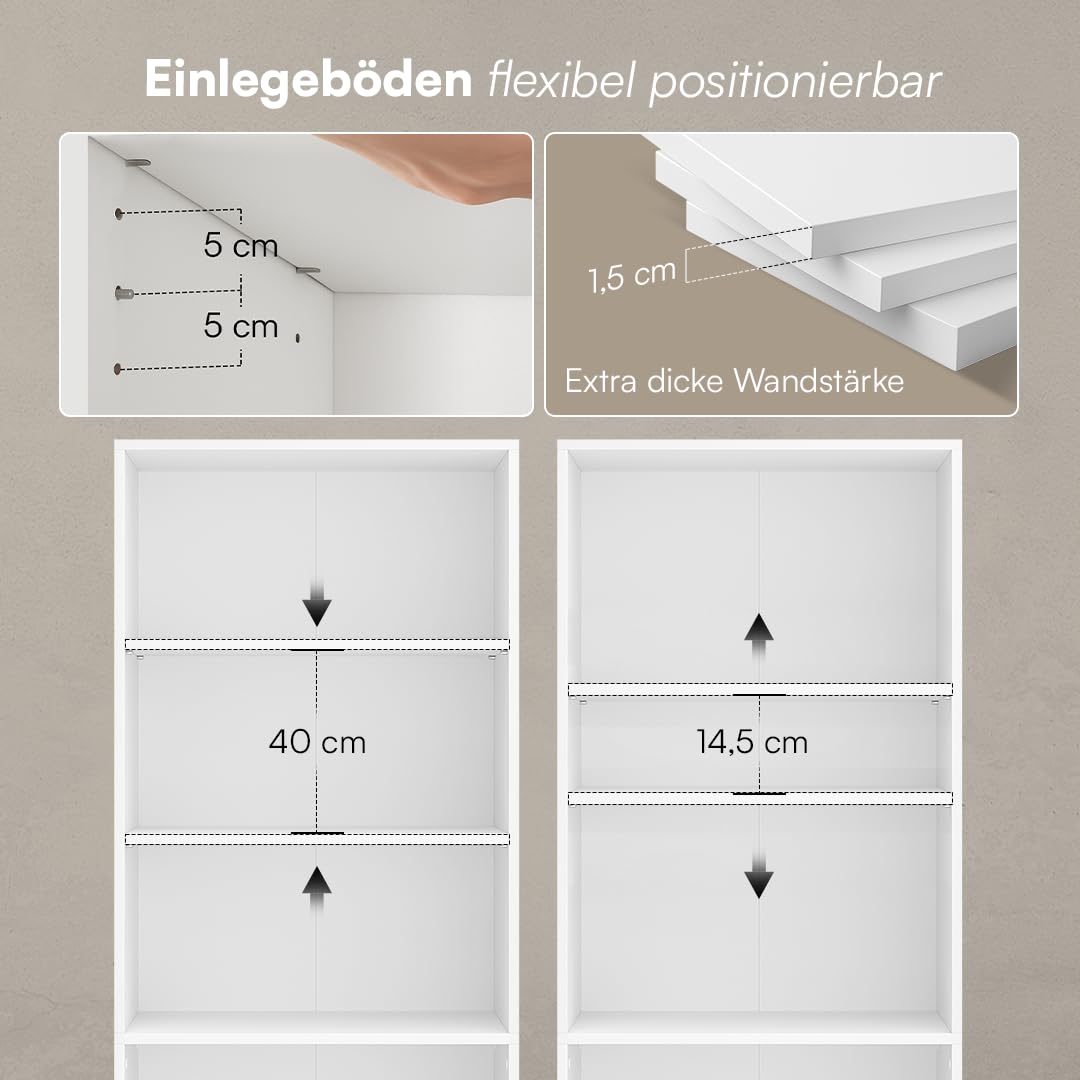 Bellamio Apol Bücherregal mit 6 Fächern - Standregal Weiß - offenes Holzregal - stabiles Regal für Wohnzimmer, Büro & Arbeitszimmer - höhenverstellbares Aktenregal 176x60x33cm