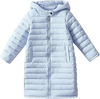 Boys Girls Long Lightweight Hooded Puffer Jacket Packable Autumn and Winter Long Down Coats