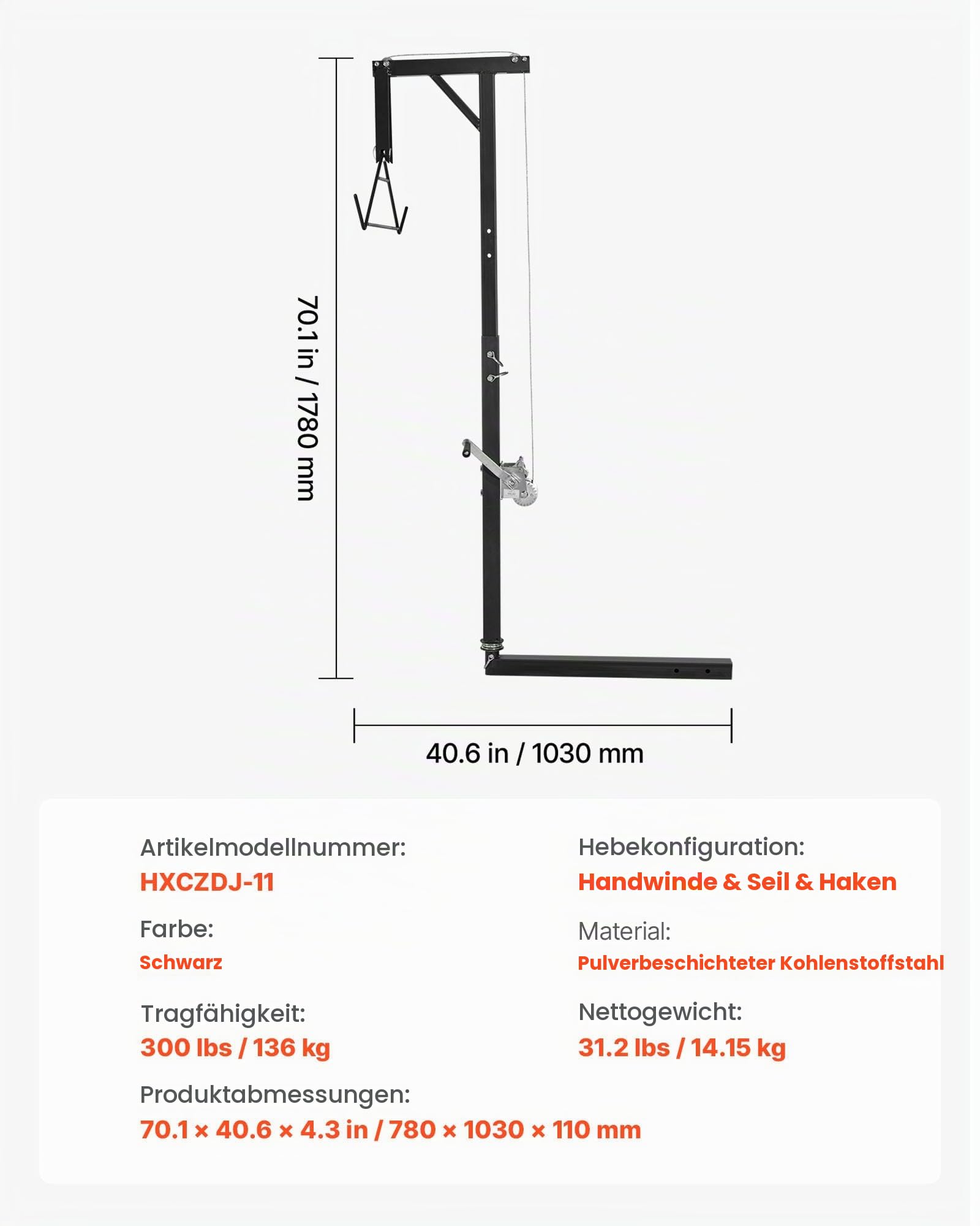 VEVOR Game Hoist mit Seilwinde & Gambrel, 136 kg Tragkraft, LKW-Wildhebezeug mit 5,08 cm Empfänger, 360-Grad-Schwenkschaft & einstellbarer Höhe, zum Häuten & Säubern von Wild im Jagdspiel