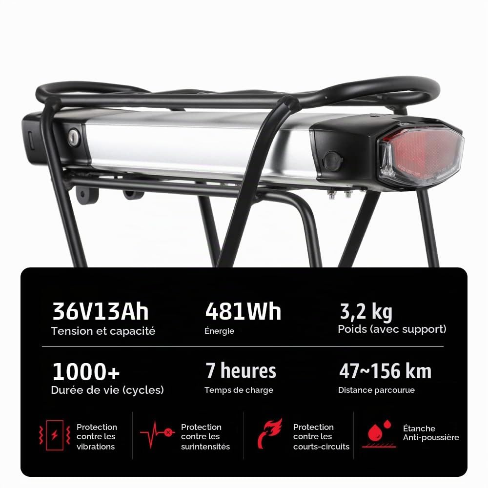 SEASON Ebike Batterie pour Porte-Bagages 36V - 13Ah 14.5Ah 15.6Ah 17.4Ah / 48V - 10.4Ah Batterie au Lithium-ION pour vélo électrique1000W 750W 500W 350W Moteur(avec Chargeur)
