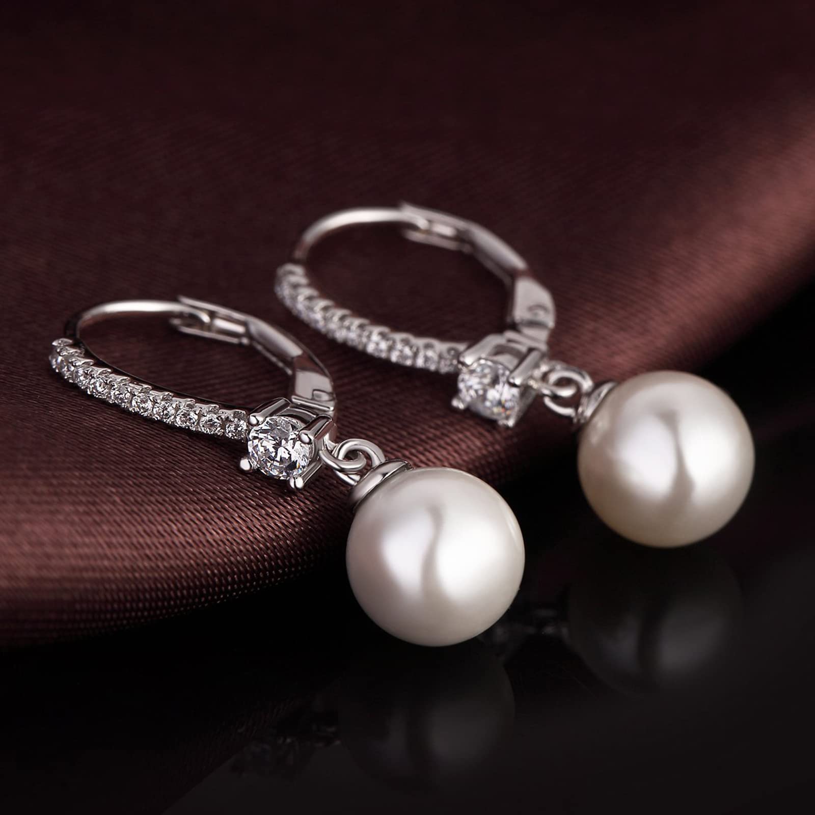 Orecchini Perle Donnain Argento Sterling 925 Leverback Orecchini Pendenti Perla Zrconi Diamantati Perle Gioielli Regali per Donne Matrimonio Spose 8/10 mm