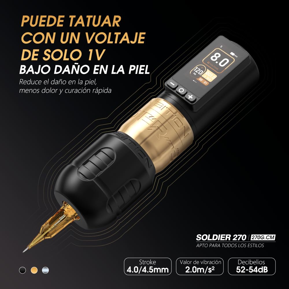 Ambition Soldier 270 Máquina de Tatuar Rotativa Inalámbrica con 270 g·cm de Torque, Motor sin Escobillas, Carrera 4.0mm y Batería Táctil Dual 2400mAh para Profesionales