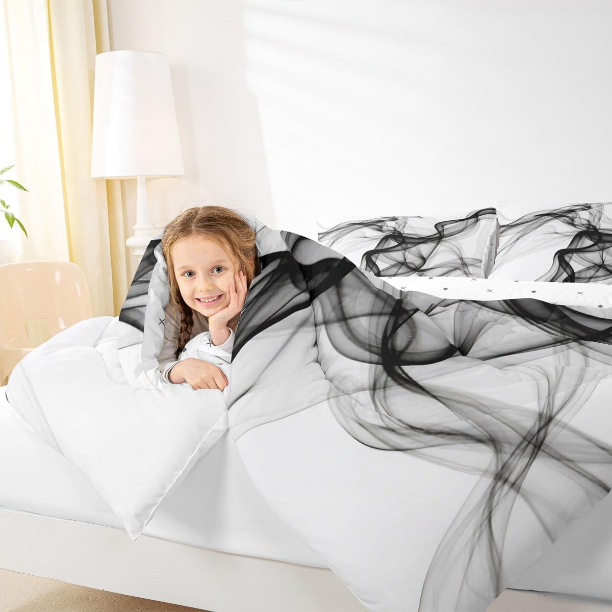 Erosebridal Geometric Quilt Insert Queen Size Ink Line Bedding Set for Minimalists Gradient Stripe Aesthetic White Comforter Warm Soft Comforter Set