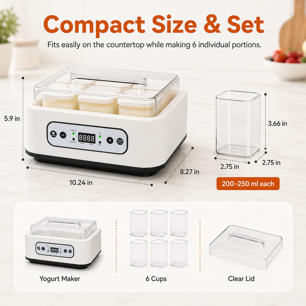 Yogurtera automática de 1000ML con 6 tarros, Control de Temperatura y Tiempo Ajustable de 36 Horas, fácil Limpieza, para Postre Griego casero