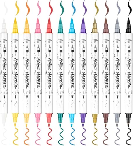 Miniatura 6 de TRANSON Juego de bolígrafos de pintura acrílica de doble punta para lienzo Rock Madera Cuero Cerámica DIY Pintura 12 Color