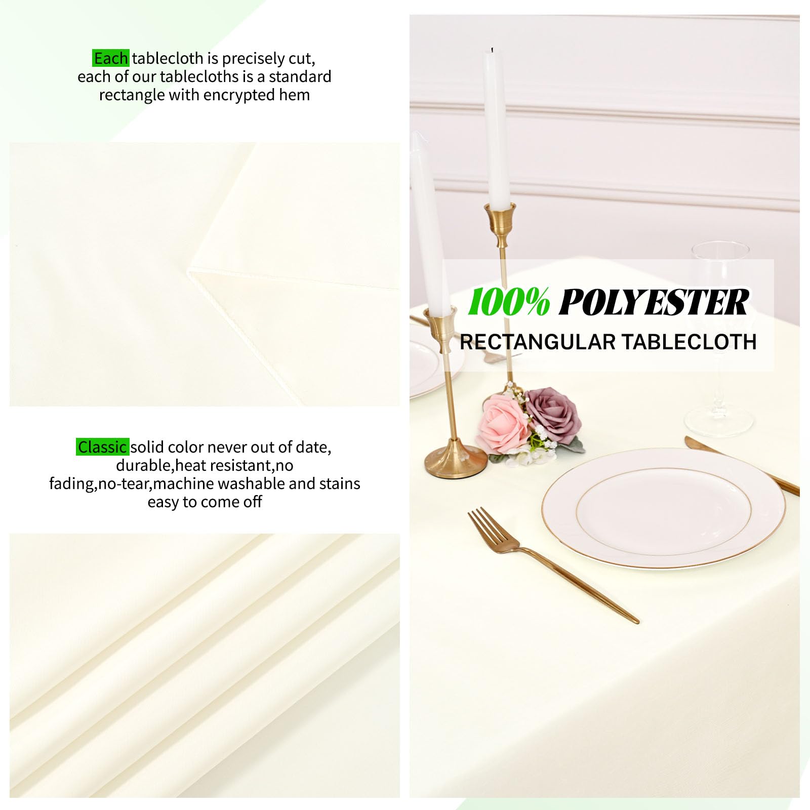 Pesonlook 12 pacchetti di tovaglia in poliestere in avorio-60 x 102 pollici di rettangolo lavabile avorio per tavoli da rettangolo da 6 piedi per matrimonio/festa a buffet/tavolo da pranzo/eventi